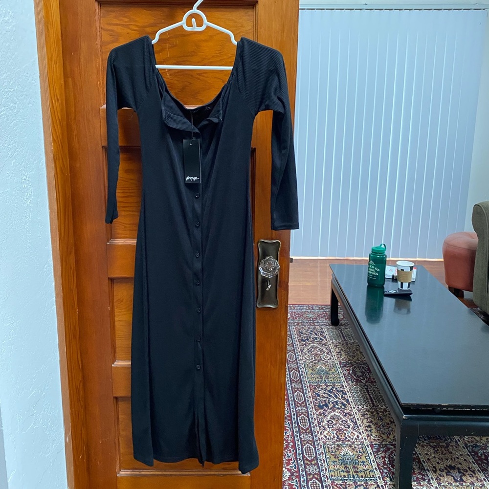 Black witchy maxi off the shoulder button dress